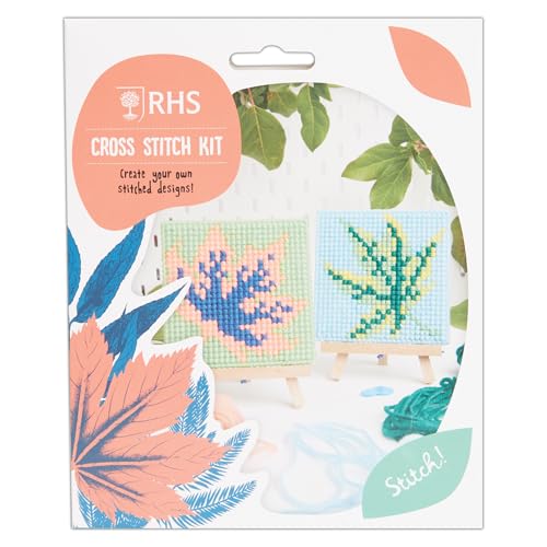 RHS Royal Horticultural Society Mini-Kreuzstich-Set, Blättermuster, für Kinder, Anfänger, Stickereien, Kreuzstich, Zubehör enthält Garn, Leinwand, Nadel und Fäden von RHS