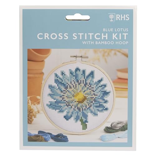 RHS The Royal Horticultural Society Kreuzstich-Set, blauer Lotus, 12,7 cm, Sticksets für Erwachsene, Kreuzstich-Sets für Erwachsene, Anfänger, Geschenkidee, mit Stickmustern, Stickset von RHS