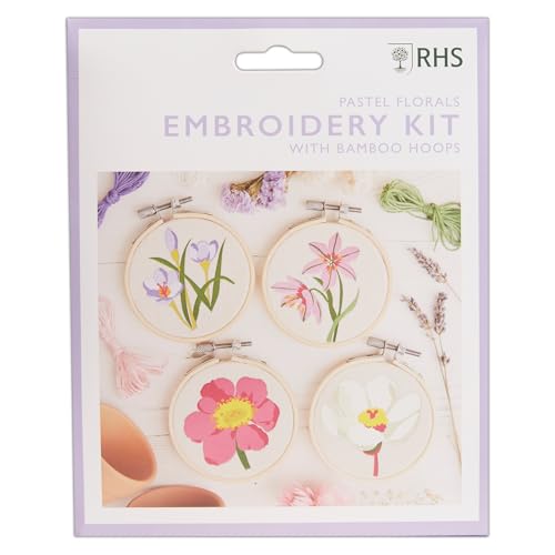 RHS The Royal Horticultural Society Stickrahmen-Dekorationsset, Pastellblumen-Designs (4 Stück), Sticksets für Erwachsene & Erwachsene Anfänger, Geschenkidee, Stickmuster von RHS