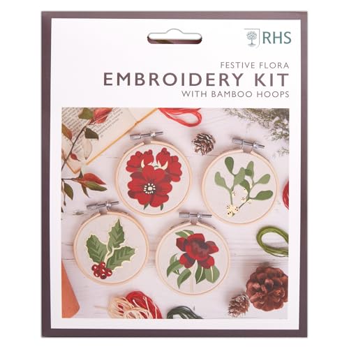 RHS The Royal Horticultural Society Stickrahmen-Dekorationsset, Weihnachtsmotiv, 4 Stück, inklusive Bambus-Stickrahmen, bedrucktem Stoff, Stickgarne, Nadeln, Einfädler, Anleitung (evtl. nicht in von RHS