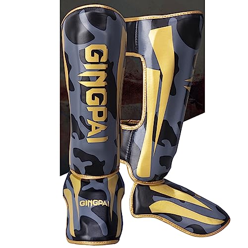 Schienbeinschoner für Muay Thai Schienbeinschoner für Kickboxen, Muay Thai, reißfestes PU-Leder, MMA-Bein-Rist-Schutzpolster, Sparring-Training, Kampfsport, Boxen, elastischer-Camouflage yellow||M von RHYDNO