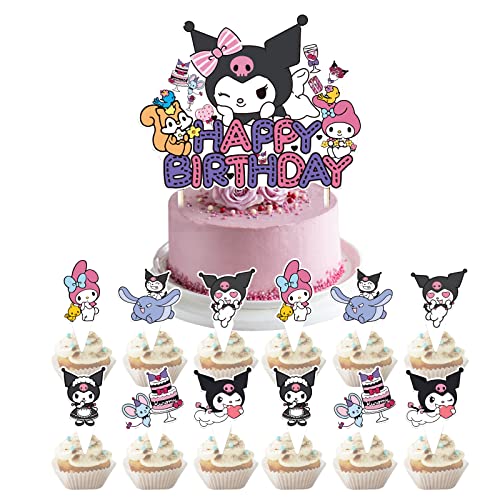 13 Stück Kouromie Cupcake-Topper RHYII-Happy Birthday Party Supplies Kuromi Kuchendekorationen, Party-Dekorationen, Glitzer, personalisierte Kuchendekoration für Jungen und Mädchen von RHYII