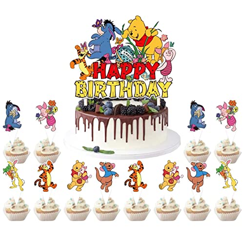 13 Stück Winnie the Pooh Cupcake-Topper RHYII-Happy Birthday Party Supplies Kuchendekorationen, Party-Dekorationen, Glitzer, personalisierte Kuchendekoration für Jungen und Mädchen von RHYII