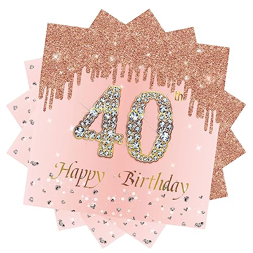 40 Geburtstag Servietten,20 Stück Papierserviette Geburtstag,33 x 33 cm Geburtstagsservietten,Rosé und Gold Tischdekoration für Party Geburtstag,Happy 40th Birthday Paper Napkins für 40 von RHZXD