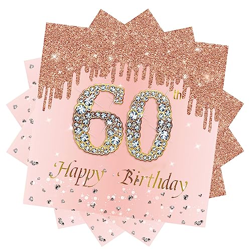 60 Geburtstag Servietten,20 Stück Papierserviette Geburtstag,33 x 33 cm Geburtstagsservietten,Rosé und Gold Tischdekoration für Party Geburtstag,Happy 60th Birthday Paper Napkins für 60 von RHZXD