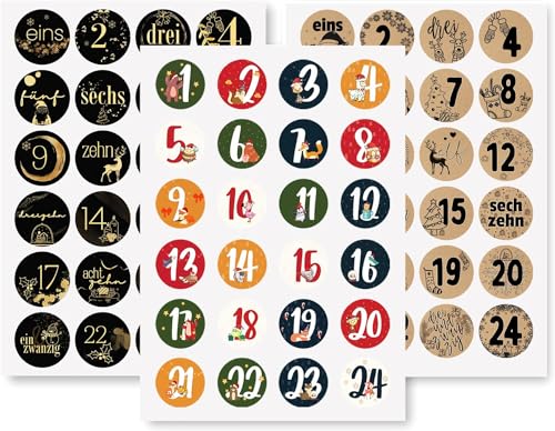 RHZXD Adventskalender Aufkleber Set, 3 x 24 Sticker für Kalender zum selber basteln für Weihnachten, Adventskalenderzahlen Etiketten Selbstklebend, Zahlenaufkleber, Nummern Papiertüten von RHZXD