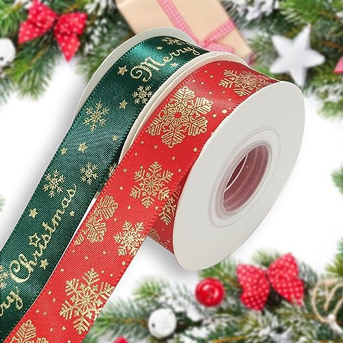 Geschenkband Weihnachten, 2 Rollen 20 Yards Satinband mit Glitzerndem Weihnachtsmotiv, 20mm Breite Schleifenband in Rot/Grün für Weihnachtsgeschenke, Weihnachtsbaum, Tortendekoration und Basteln von RHZXD