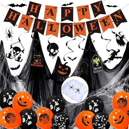 RHZXD Halloween Deko Set, Halloween Spiralen Deckendeko Gruselig Party Stoff, Horror HAPPY HALLOWEEN Girlande, 3D Fledermaus Wanddeko, Spinnennetz mit 30 Spinnen Indoor outdoor Garten Dekoration von RHZXD