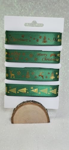 Merry Christmas Selection Geschenkband, 4 x 2 m Länge, 15 mm Merry Christmas Designs! (Grün) von RIBBON WRITER