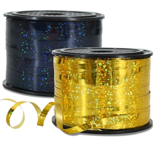 RIBBOOO 2 Rolls 200 Yards Curling Crimped Glitter Laser Band, Schwarz Gold Regenbogen String Dünne Band für Geburtstag Hochzeit Halloween, Weihnachtsfeier Dekoration von RIBBOOO