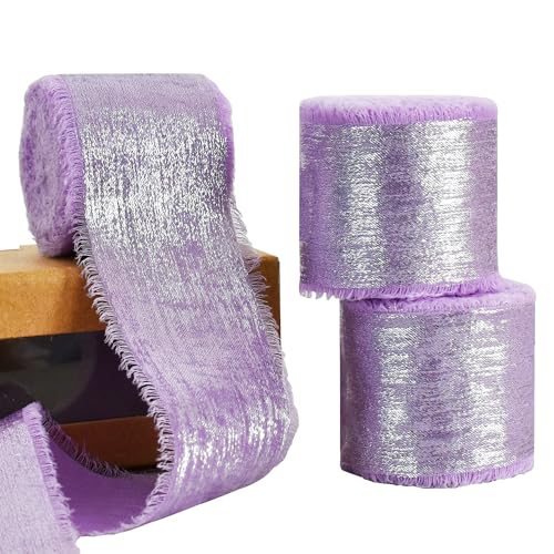 RIBBOOO 3 Rollen Chiffon-Seidenband, 3,8 cm, 12,7 m, hellviolett, handgefertigtes Satinband für Kranzschleifen, Blumenstrauß, Bastelarbeiten, Heimdekoration von RIBBOOO