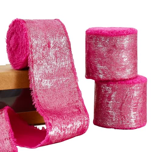 RIBBOOO 3 Rollen Chiffon-Seidenband, 3,8 cm, 13,7 m, Hot Pink, handgefertigtes Satinband für Kranzschleifen, Blumenstrauß, Basteln, Heimdekoration, 3 Rollen von RIBBOOO