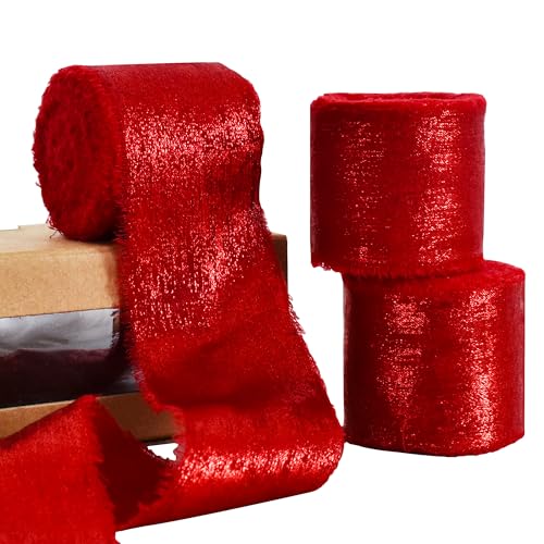 RIBBOOO 3 Rollen Seidensatinband, 3,8 cm, insgesamt 13,7 m, rotes handgefertigtes Chiffonband für Handwerk, Geschenkverpackung, Hochzeit, Geburtstag, Party-Dekoration von RIBBOOO