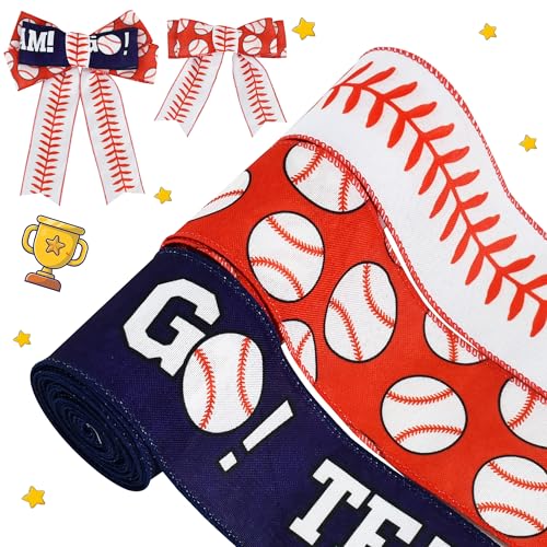 RIBBOOO 3 Rollen Sportband mit Drahtrand, 6,3 cm, 13,7 m, Baseball-Softball-Band, Juteband für Team-Kranzschleife, Geschenkverpackungen, Sportveranstaltungen, Themenparty-Dekoration von RIBBOOO