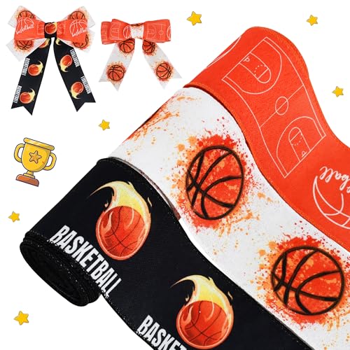 RIBBOOO 3 Rollen Sportband mit Drahtrand, 6,3 cm, 13,7 m, orangefarbenes Basketballband für Teamkranz, Schleifen, Geschenkverpackungen, Sportveranstaltungen, Themenparty-Dekoration von RIBBOOO