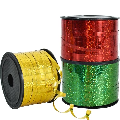 RIBBOOO 3 Rolls 300 Yards Curling Crimped Glitter Laser Band, Gold Red Green Rainbow String Dünne Band für Geburtstag Hochzeit Halloween, Weihnachtsfeier Dekoration von RIBBOOO