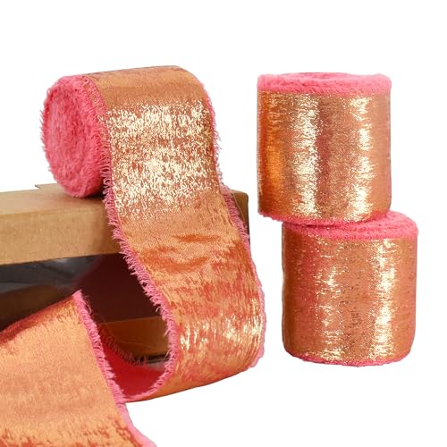 RIBBOOO Chiffon-Gold-Seidenband, 3 Rollen, 3,8 cm, 12,7 m, pfirsichrosa, ausgefranste Fransen, Satinband für Handwerk, Blumenstrauß, Geschenkverpackungen, Party-Dekoration von RIBBOOO