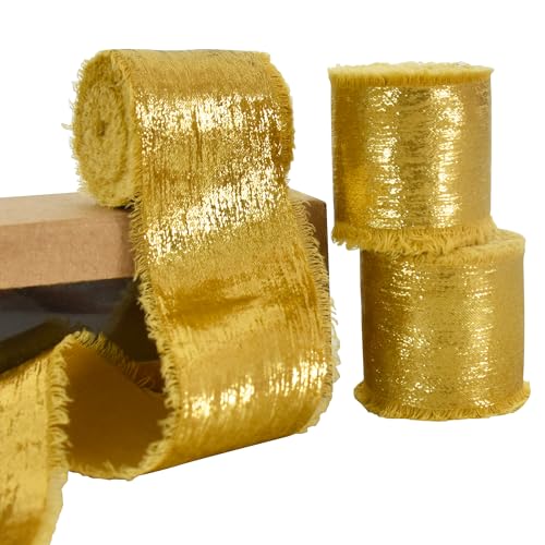 RIBBOOO Chiffon-Gold-Seidenband, 3 Rollen, 3,8 cm, 13,7 m, goldfarbene Fransen-Satinband für Handwerk, Blumenstrauß, Geschenkverpackung, Party-Dekoration von RIBBOOO