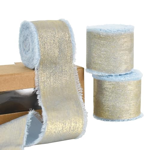 RIBBOOO Chiffon-Gold-Seidenband, 3 Rollen, 3,8 cm, 13,7 m, hellblau, ausgefranste Fransen, Satinband für Handwerk, Blumenstrauß, Geschenkverpackung, Party-Dekoration von RIBBOOO