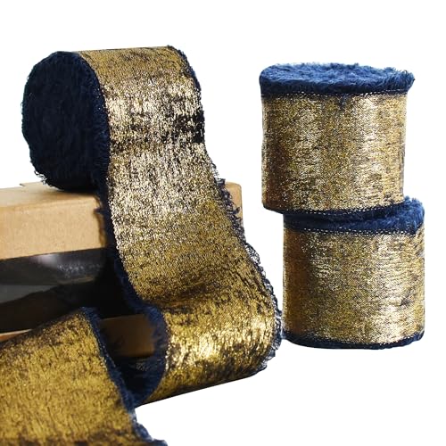 RIBBOOO Chiffon-Gold-Seidenband, 3 Rollen, 3,8 cm, 13,7 m, marineblau, ausgefranste Fransen, Satinband für Handwerk, Blumenstrauß, Geschenkverpackung, Party-Dekoration von RIBBOOO