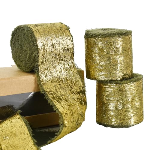 RIBBOOO Chiffon-Gold-Seidenband, 3 Rollen, 3,8 cm, 13,7 m, moosgrünes, ausgefranstes Fransen-Satinband für Handwerk, Blumenstrauß, Geschenkverpackungen, Party-Dekoration von RIBBOOO