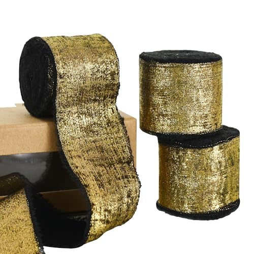 RIBBOOO Chiffon-Gold-Seidenband, 3 Rollen, 3,8 cm, 13,7 m, schwarzes Fransen-Satinband für Handwerk, Blumenstrauß, Geschenkverpackung, Party-Dekoration von RIBBOOO