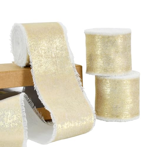 RIBBOOO Chiffon-Gold-Seidenband, 3 Rollen, 3,8 cm, 13,7 m, weiß, ausgefranste Fransen, Satinband für Handwerk, Blumenstrauß, Geschenkverpackung, Party-Dekoration von RIBBOOO