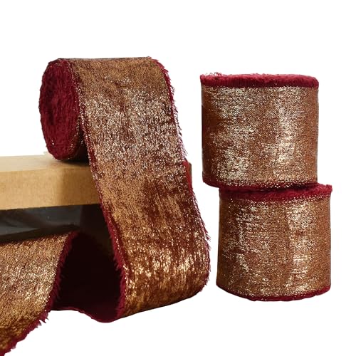 RIBBOOO Chiffon-Seidenband, goldfarben, 3 Rollen, 3,8 cm, 13,7 m, weinrot, ausgefranste Fransen, Satinband für Handwerk, Blumenstrauß, Geschenkverpackung, Party-Dekoration von RIBBOOO