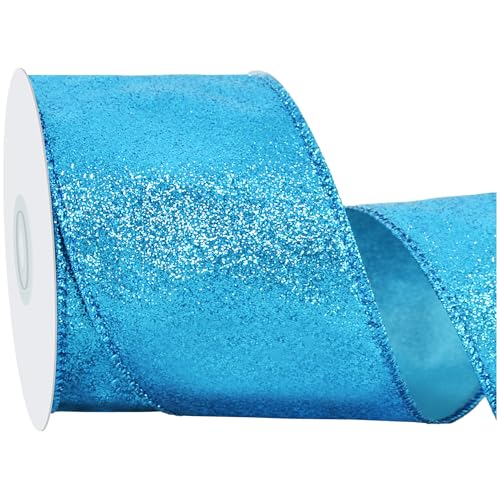 RIBBOOO Glitzerband, 6,3 cm, 9,1 m, glitzernd, Drahtrand, Stoffband für Handwerk, Kranzschleife, Geschenkverpackungen, Weihnachtsfeier-Dekoration, Seeblau von RIBBOOO