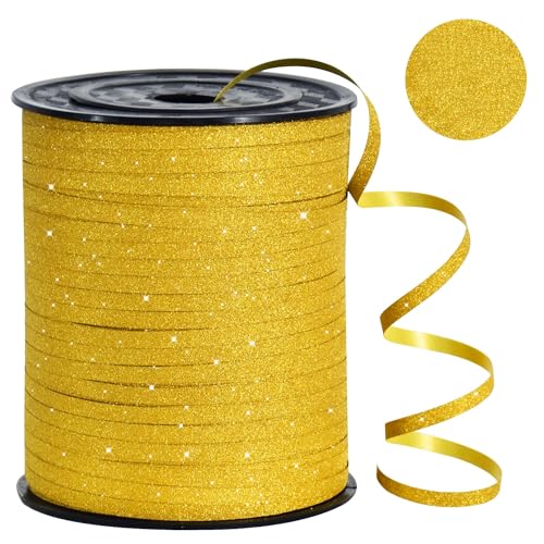 RIBBOOO Gold Glitter Curly Regenbogen dünne Band, 5mm 500 Yards glänzende Schnur Band für Geschenkverpackung, Handwerk Herstellung, Geburtstag Hochzeit Weihnachtsfeier Dekoration von RIBBOOO