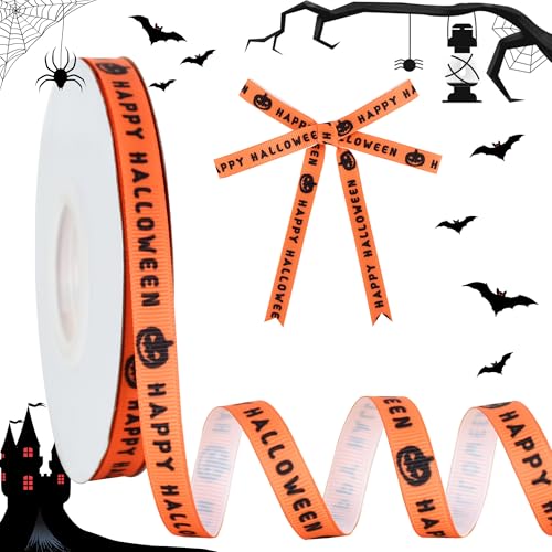 RIBBOOO Halloween-Band, 0,9 cm, 22,7 m, orange-schwarz, Buchstaben, dekoratives Ripsband für Handwerk, Kranzschleife, Geschenkverpackungen, Party-Dekoration von RIBBOOO