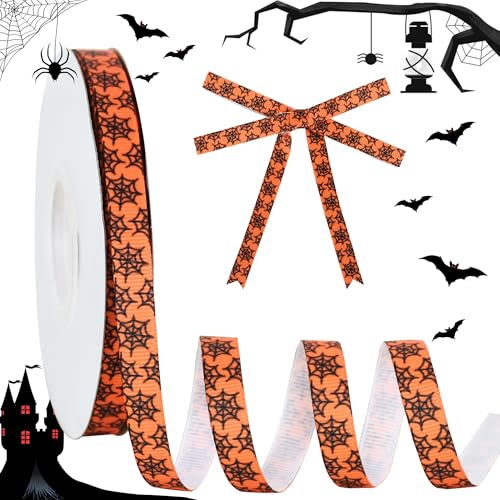 RIBBOOO Halloween-Band, 0,9 cm, 22,7 m, orangefarbenes Spinnennetz, dekoratives Ripsband für Handwerk, Kranzschleife, Geschenkverpackungen, Party-Dekoration von RIBBOOO