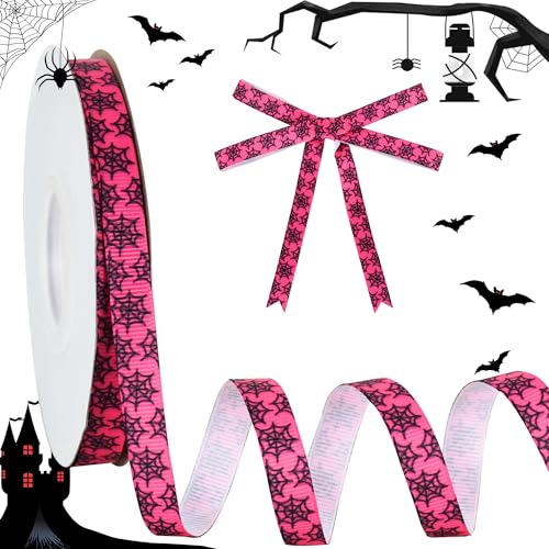 RIBBOOO Halloween-Band, 0,9 cm, 22,7 m, rosa Spinnennetz, dekoratives Ripsband für Handwerk, Kranzschleife, Geschenkverpackungen, Party-Dekoration von RIBBOOO