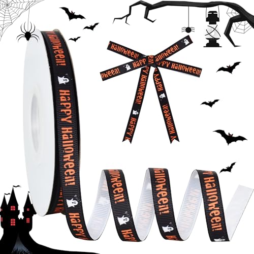 RIBBOOO Halloween-Band, 0,9 cm, 22,7 m, schwarz-orange, dekoratives Ripsband für Handwerk, Kranzschleife, Geschenkverpackungen, Party-Dekoration von RIBBOOO