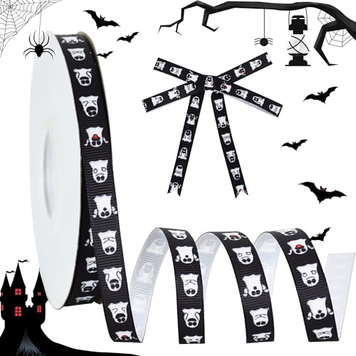 RIBBOOO Halloween-Band, 0,9 cm, 22,7 m, schwarzes Geist-dekoratives Ripsband für Handwerk, Kranzschleife, Geschenkverpackungen, Partydekoration von RIBBOOO