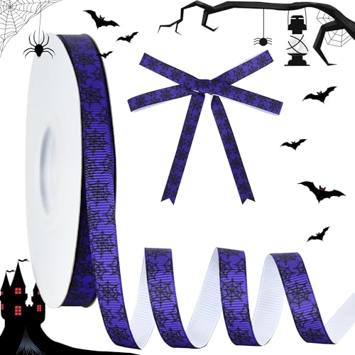 RIBBOOO Halloween-Band, 0,9 cm, 22,7 m, violettes Spinnennetz, dekoratives Ripsband für Handwerk, Kranzschleife, Geschenkverpackungen, Party-Dekoration von RIBBOOO