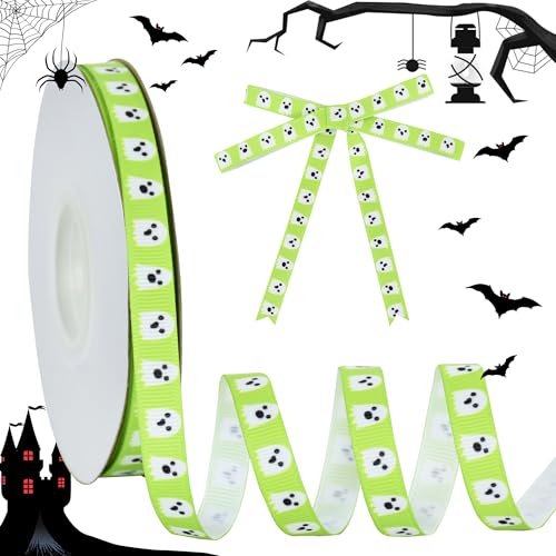 RIBBOOO Halloween-Band, 1,9 cm, 22,7 m, grünes Geist-dekoratives Ripsband für Handwerk, Kranzschleife, Geschenkverpackungen, Party-Dekoration von RIBBOOO