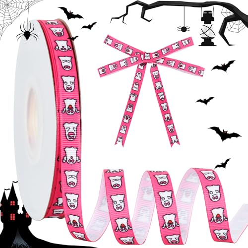 RIBBOOO Halloween-Band, 1,9 cm, 22,7 m, rosa Geist-Dekoratives Ripsband für Handwerk, Kranzschleife, Geschenkverpackungen, Party-Dekoration von RIBBOOO