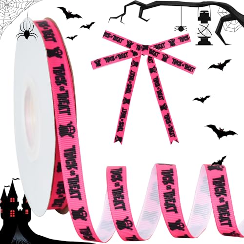 RIBBOOO Halloween-Band, 1,9 cm, 22,7 m, rosa und schwarz, Geister-Dekor, dekoratives Ripsband für Handwerk, Kranzschleife, Geschenkverpackung, Party-Dekoration von RIBBOOO