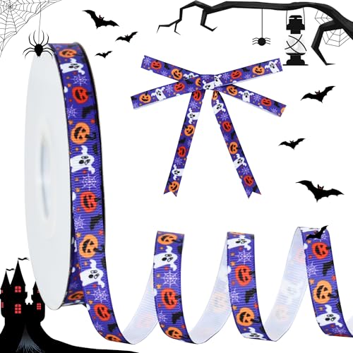 RIBBOOO Halloween-Band, 1,9 cm, 22,7 m, violettes Kürbis-Geist, dekoratives Ripsband für Handwerk, Kranzschleife, Geschenkverpackungen, Party-Dekoration von RIBBOOO