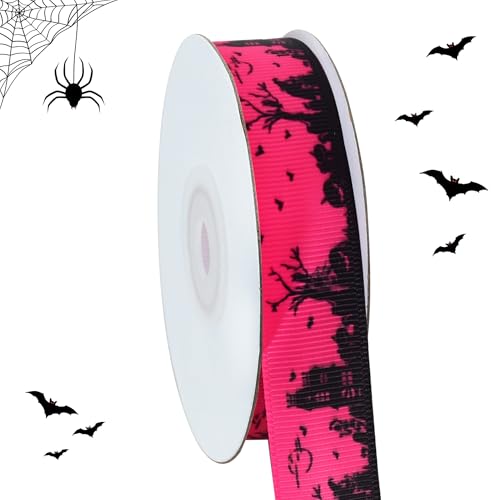 RIBBOOO Halloween-Band, 2,2 cm, 9,1 m, Hot Pink, Geisterhaus, dekoratives Ripsband für Handwerk, Kranzschleife, Geschenkverpackungen, Party-Dekoration von RIBBOOO