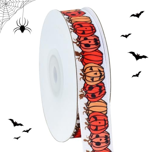 RIBBOOO Halloween-Band, 2,2 cm, 9,1 m, orangefarbener Kürbis, dekoratives Ripsband für Handwerk, Kranzschleife, Geschenkverpackungen, Party-Dekoration von RIBBOOO