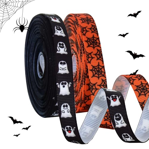 RIBBOOO Halloween-Band, 2 Rollen, 0,9 cm, insgesamt 20 m, schwarz-orange, Geister-Spinnennetz, dekoratives Ripsband für Handwerk, Kranzschleife, Geschenkverpackungen, Party-Dekoration von RIBBOOO