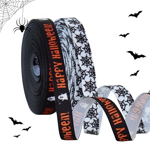 RIBBOOO Halloween-Band, 2 Rollen, ca. 1,9 cm, insgesamt 20 Meter, orangefarbener Buchstabe, weißes Spinnennetz, dekoratives Ripsband für Handwerk, Kranzschleife, Geschenkverpackungen, Party-Dekoration von RIBBOOO