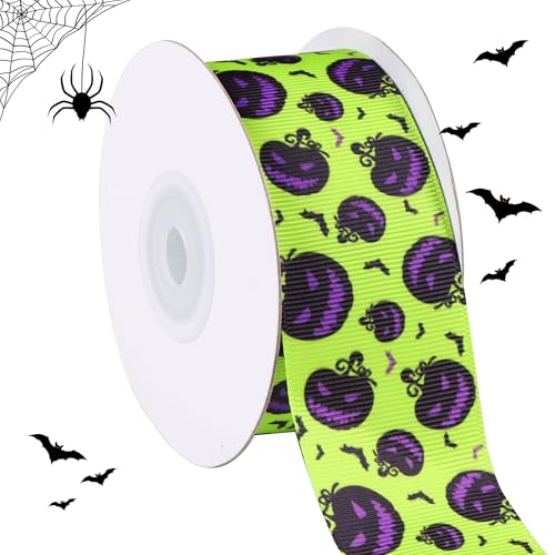 RIBBOOO Halloween-Band, 3,8 cm, 9,1 m, grüner Kürbis, dekoratives Ripsband für Handwerk, Kranzschleife, Geschenkverpackungen, Party-Dekoration von RIBBOOO