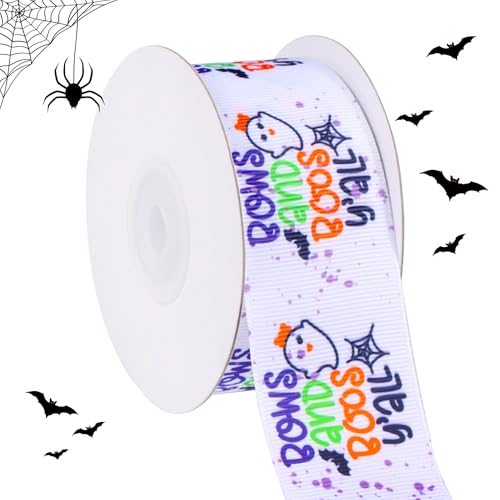 RIBBOOO Halloween-Band, 3,8 cm, 9,1 m, weißes Geist-dekoratives Ripsband für Handwerk, Kranzschleife, Geschenkverpackungen, Party-Dekoration von RIBBOOO