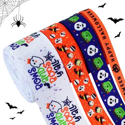 RIBBOOO Halloween-Band, 4 Rollen, 1,9 cm, 3,8 cm, 1 1/2 Zoll, 40 Yards insgesamt orange, lila, schwarz, Geistermonster, Kürbis, dekoratives Ripsband für Handwerk, Kranzschleife, Geschenkverpackungen, von RIBBOOO