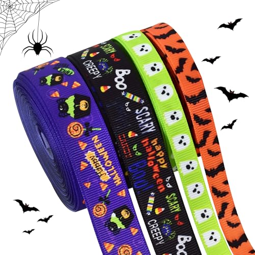 RIBBOOO Halloween-Band, 4 Rollen, 1,9 cm, 40 m, insgesamt orange, lila, schwarz, Geist, Fledermaus, Spinne, dekoratives Ripsband für Handwerk, Kranzschleife, Geschenkverpackungen, Party-Dekoration von RIBBOOO