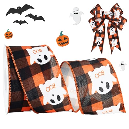 RIBBOOO Halloween-Band mit Drahtrand, 6,3 cm, 9,1 m, orangefarbenes kariertes Geist-Dekoband für Handwerk, Kranzschleife, Geschenkverpackungen, Party-Dekoration von RIBBOOO