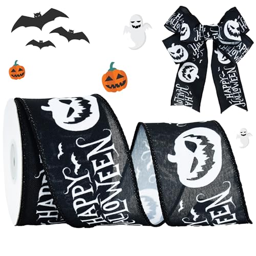 RIBBOOO Halloween-Band mit Drahtrand, 6,3 cm, 9,1 m, schwarz-weißes Kürbis-Dekoband für Handwerk, Kranzschleife, Geschenkverpackungen, Party-Dekoration von RIBBOOO